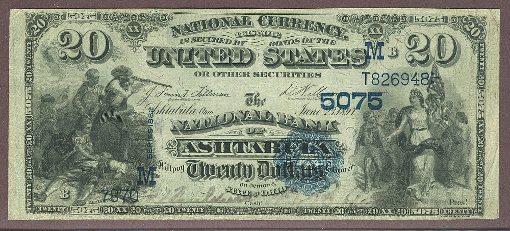 Ashtabula, Ohio, 1882 Value Back $20, Charter 5075, Fr.580, VF, PMG-30